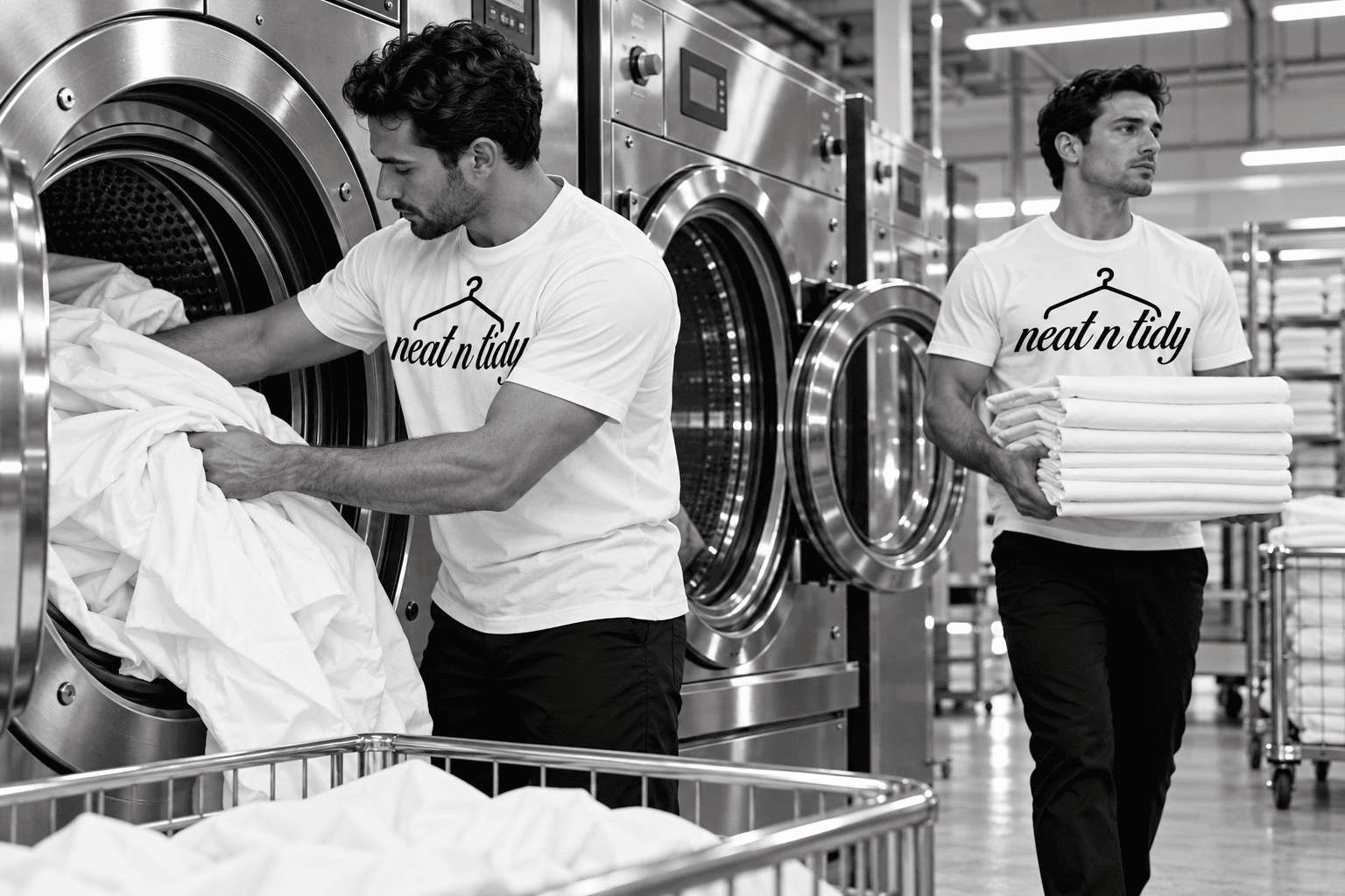 Commercial washers with a basket of white linen