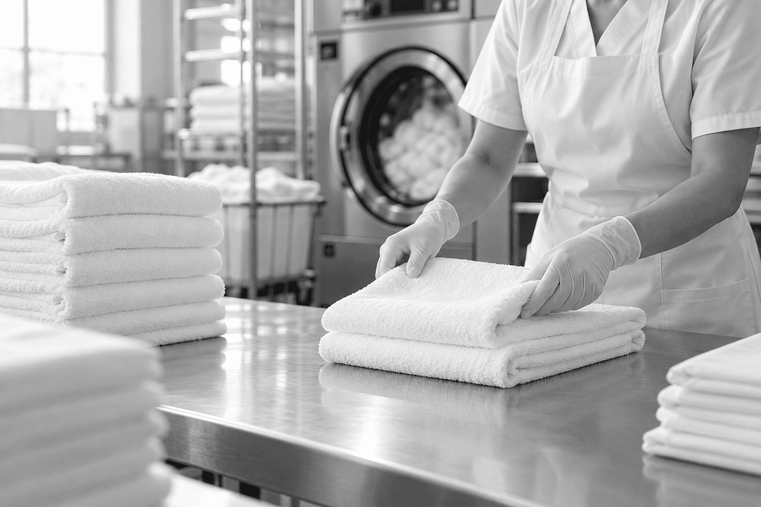 Folded linens held for inspection